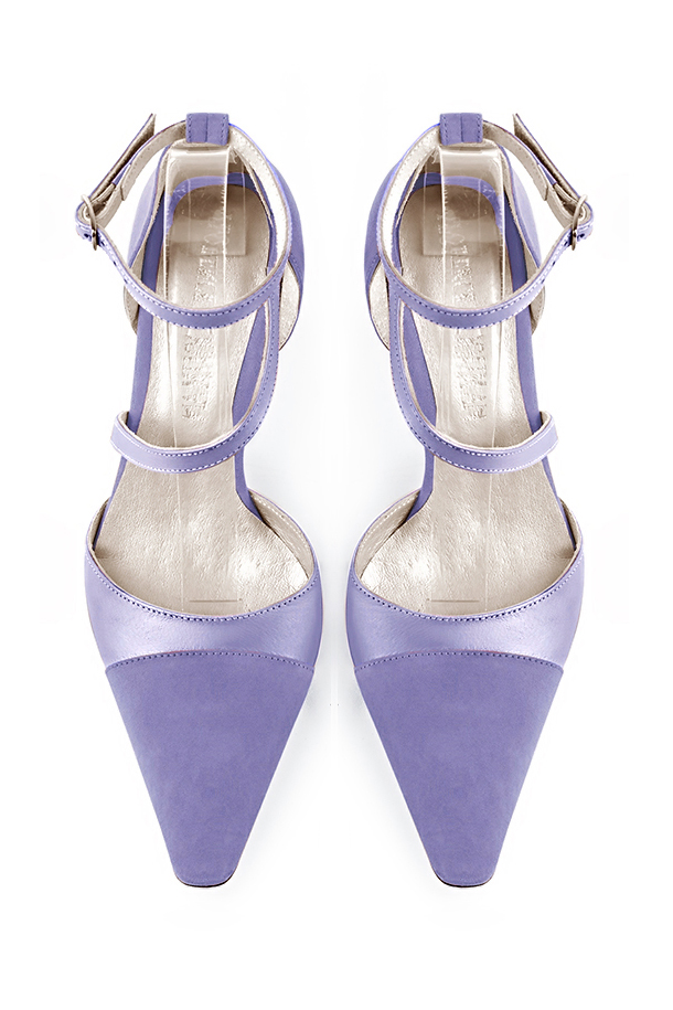 Lavender purple women's open side shoes, with snake-shaped straps. Tapered toe. High slim heel. Top view - Florence KOOIJMAN